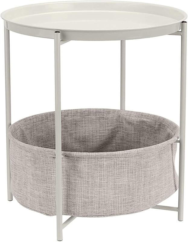 Round Storage End Table, Nightstand with Cloth Basket, Bedside Table, White/Heather Gray, 17.7" L x 17.7" W x 18.9" H