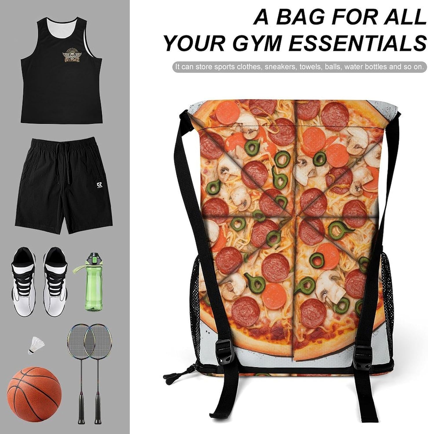 I Love Pizza Drawstring Backpack, Sports Gym Bag with Bottom Pocket And Mesh Pockets, String Bag for Men Women