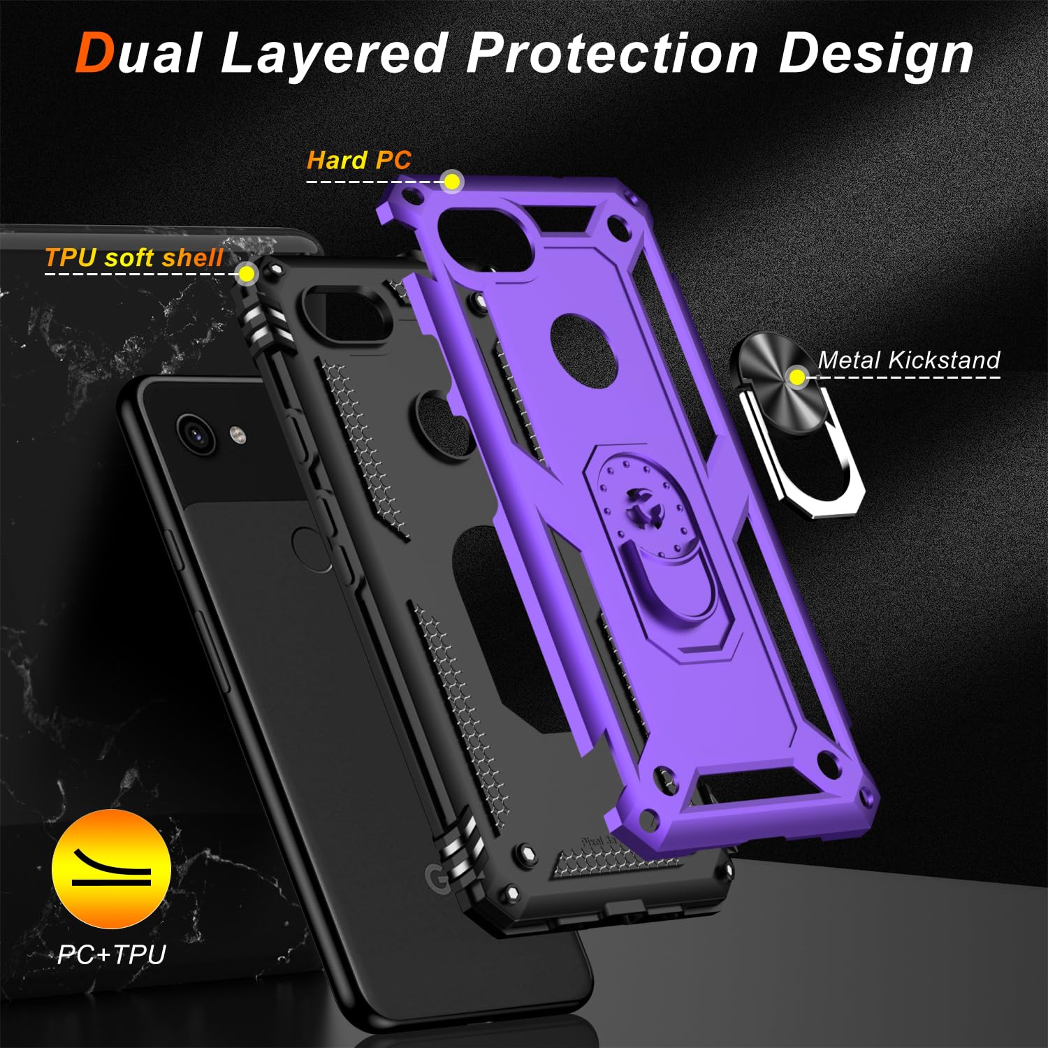 LUMARKE for Google Pixel 3A XL Case with Screen Protector,Pass 16ft. Drop Tested Military Grade Protective Phone Cover with Magnetic Ring Kickstand Compatible with Car Mount Holder Purple