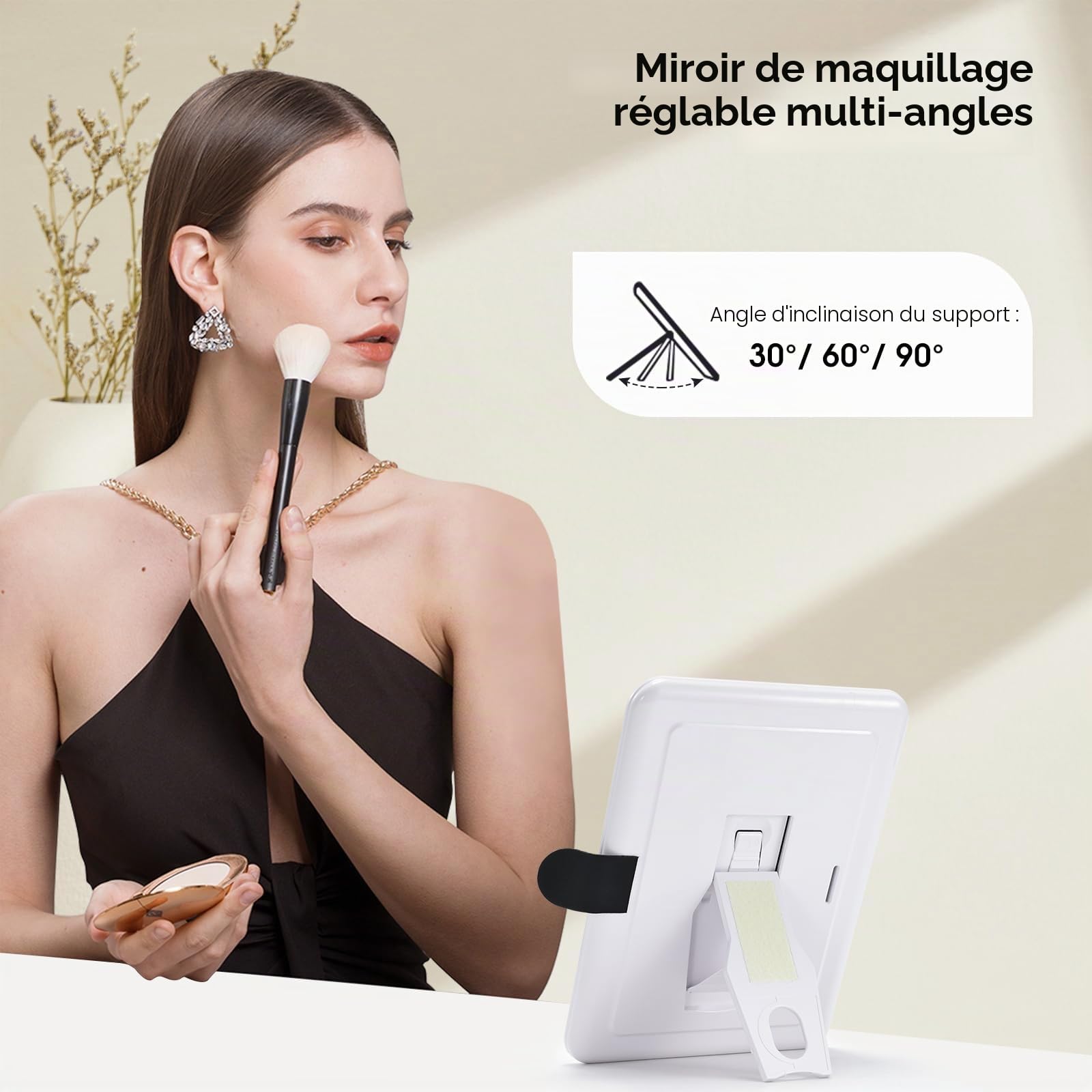 Grande trousse de maquillage avec miroir LED - Miroir lumineux amovible - En cuir synthétique - Portable - Avec séparateurs - Support pour pinceaux de maquillage - Blanc