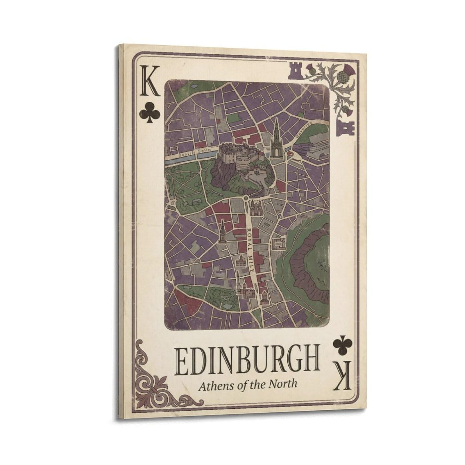 OKNGB Vintage City Map Poster Edinburgh Castle Scotland Playing Card Style Decorative Painting Canvas Art Picture 16x24inch(40x60cm)
