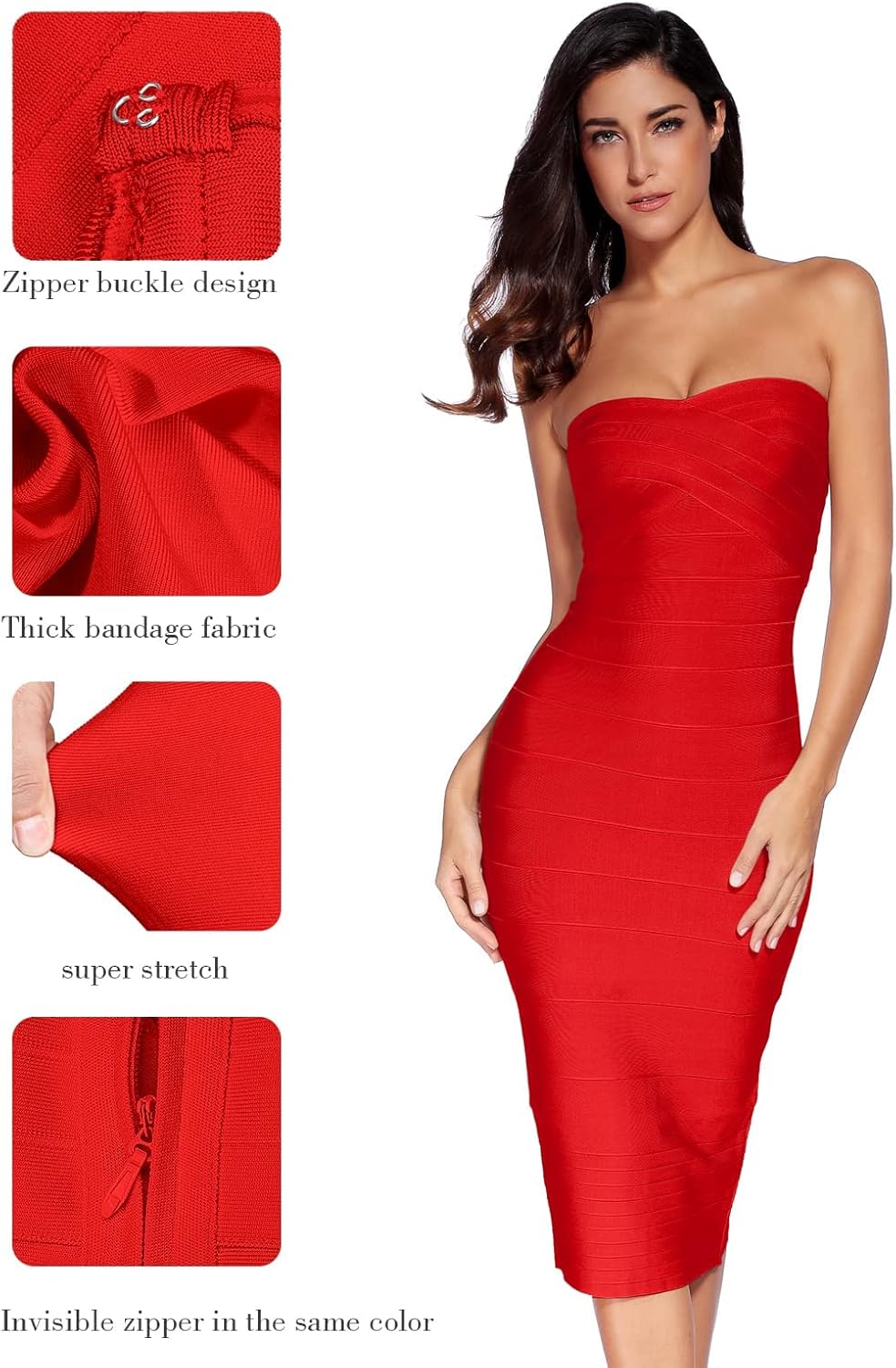 Women's Midi Cocktail Dresses Strapless Bandage Bodycon Dress Wedding Party Dress - Image 4