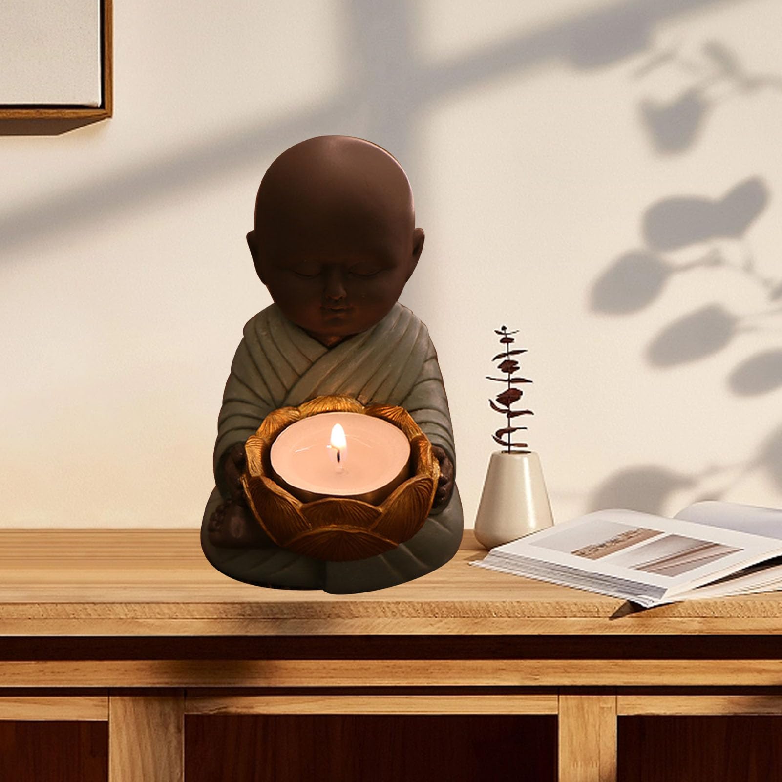 Praying Monk Light Holder, Meditating Buddha Tealight Holder Little Monk Statue Candle Holder for Wealth Good Luck (Blue)