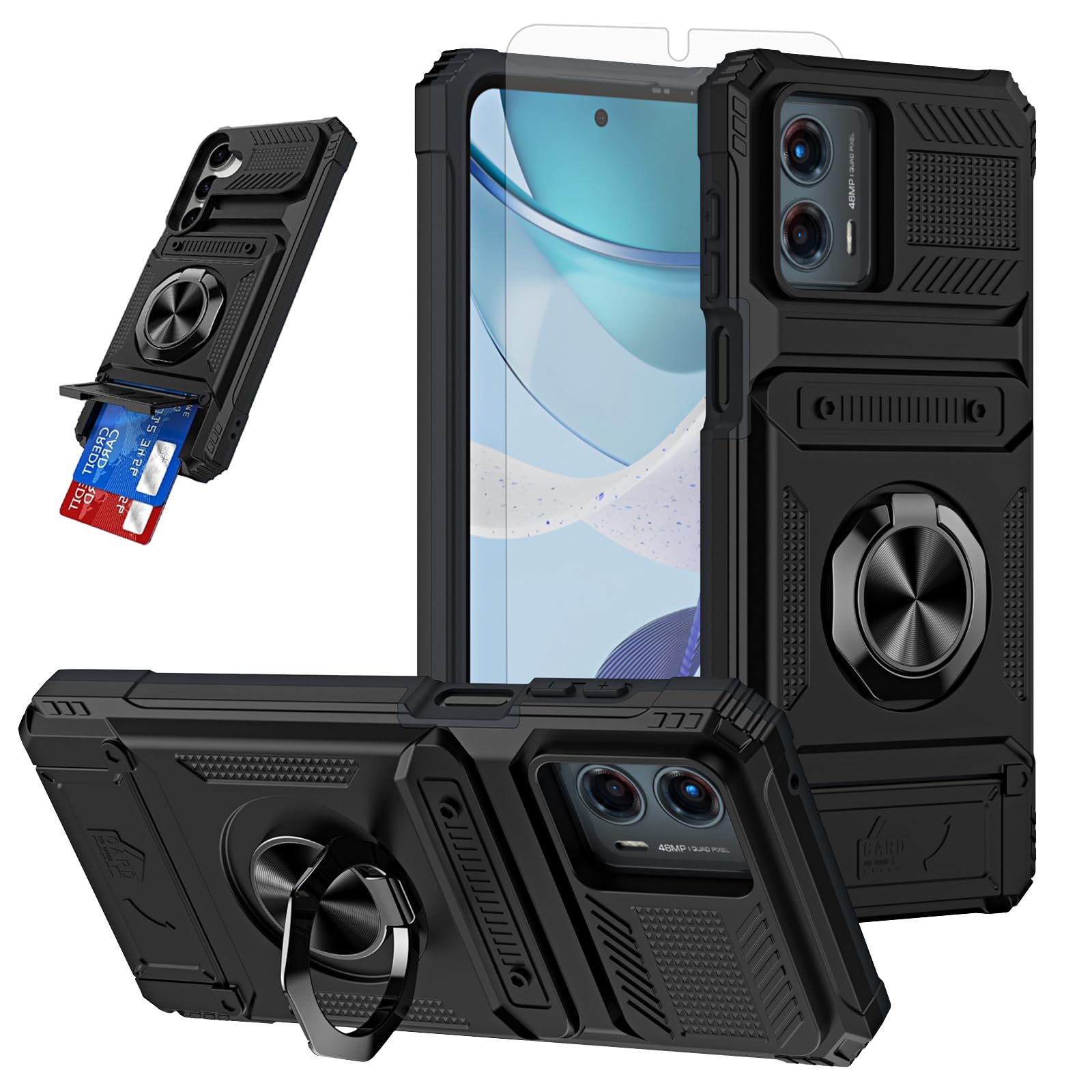 Furiet Phone Case for Motorola Moto G 5G 2024 with Tempered Glass Screen Protector Card Slots Magnetic Ring Stand Shockproof Silicone Bumper Hybrid