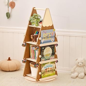 OOOK Solid Wood Rotating Bookshelf Tower 4 Tier, 360Display Floor Standing Spinning Bookshelf Tower, Small Corner Bookcase for Small Spaces, Kids Tree Book Shelf for Kids Rooms, Classroom, Nursery