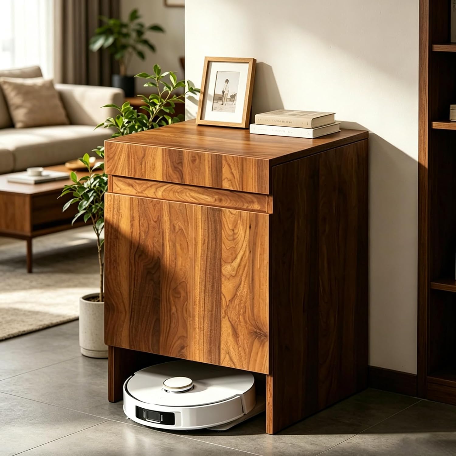 Robot Vacuum Storage Cabinet, Hidden Cabinet for Robot Vacuum Cleaner, Wood Freestanding Rack, End Side Table for Home Office Living Room Bedroom Kitchen (Brown)