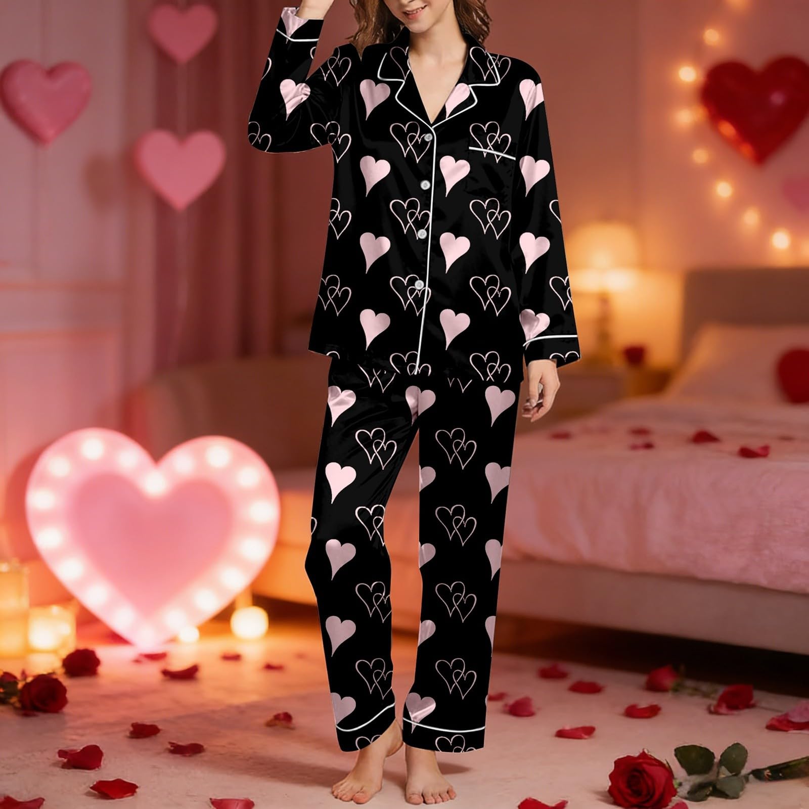 Weiches und kuscheliges Pyjama-Langarmshirt mit bequemer Hose – lässige Schlafbekleidung für die Nacht