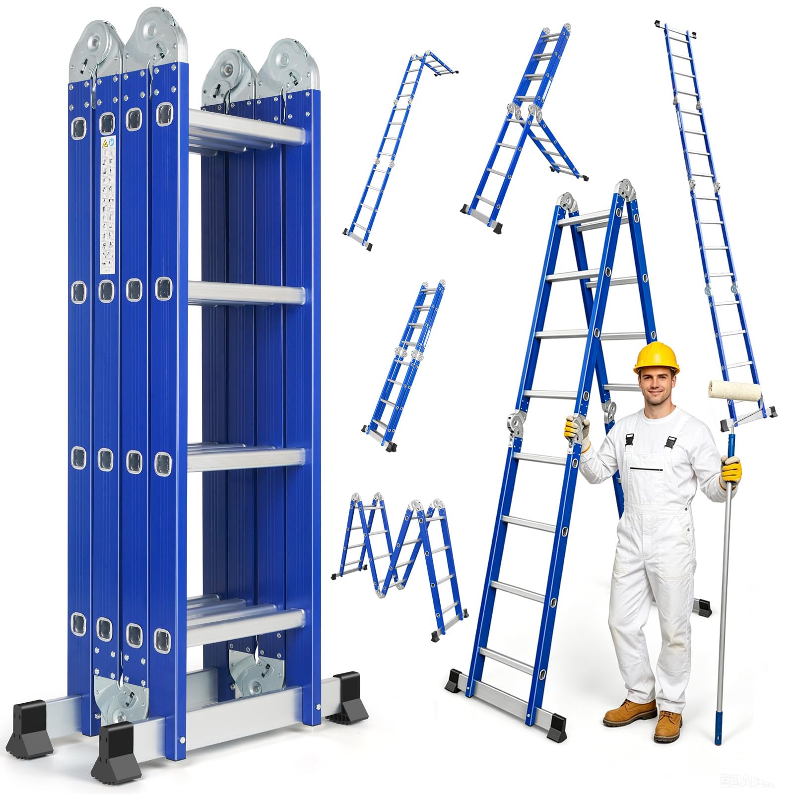 Échelle Multifonction en Aluminium 6 en 1 sans Plateforme Bleu | 4 x 4 Marches, Echelle Pliante 464 cm sans Plateforme, Échelle Polyvalente, Escabeau Pliable, Charge Maximale 150 kg