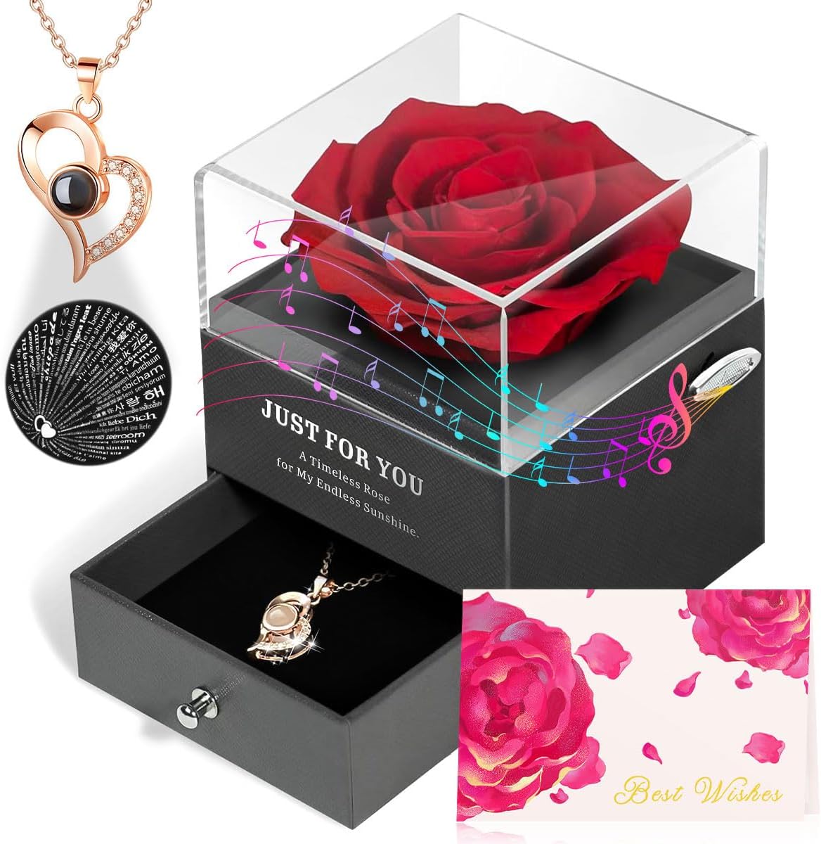 ADDWel Preserved Rose Gifts for Her Valentines Day – Romantic Eternal Rose with I Love You Necklace and You are My Sunshine Music Box for Women Perfect for Girlfriend Wife on Birthday Anniversary