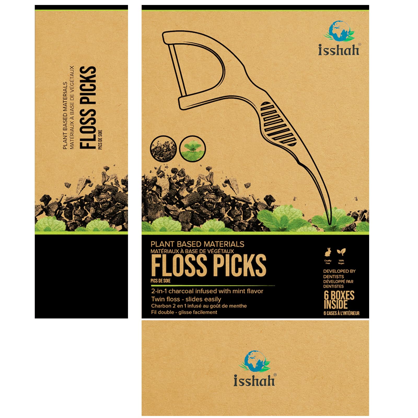 Selecciones de hilo dental natural (300 unidades) – vegano, respetuoso con el medio ambiente, sostenible – hilo dental doble (carbón)