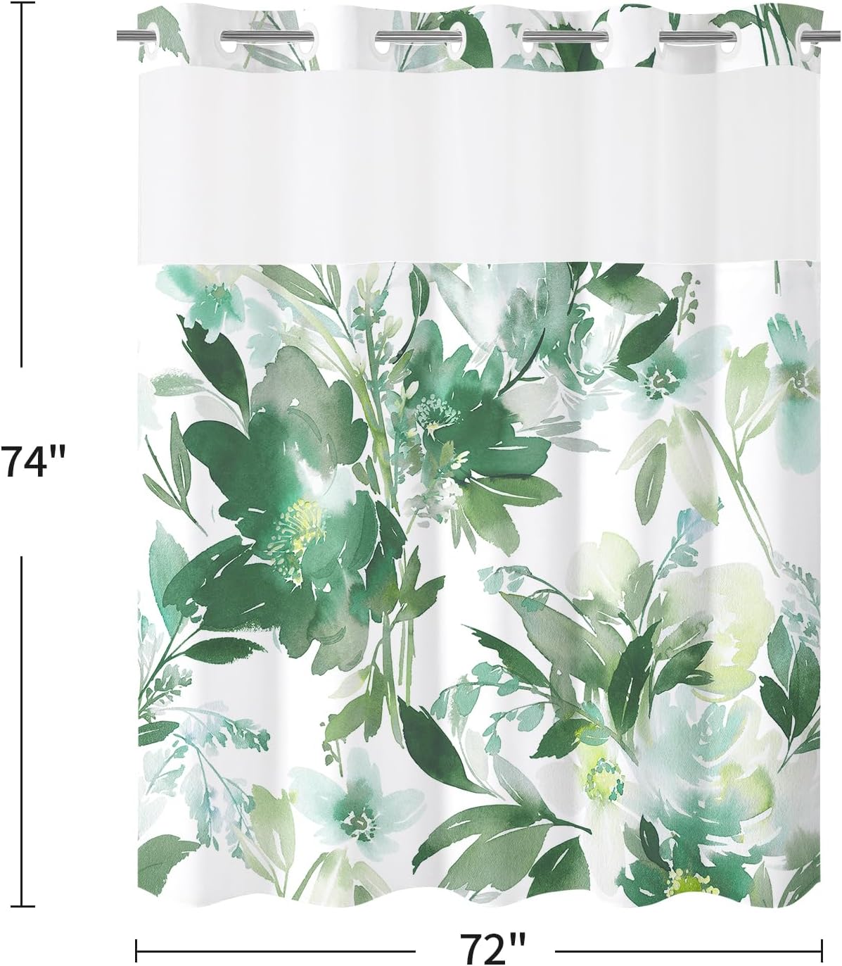 Litabel No Hook Sage Watercolor Floral Shower Curtain and Liner Set, Flower Shower Curtains with Snap in Liner for Summer Green Bathroom Decor, White Botanical Waterproof Shower Curtain Set,72x74