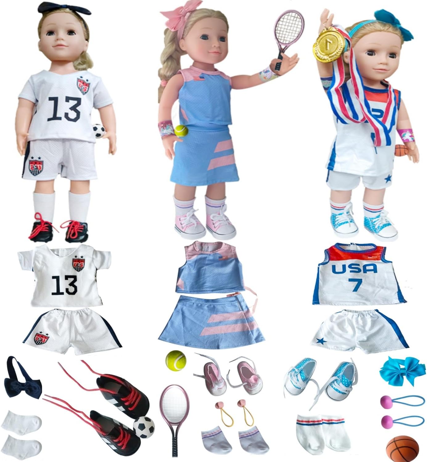 18 inch American Doll Clothing Accessories, USA Team Girls Soccer, Basketball, Tennis Clothing, Competition Training Doll Clothes kit, Dolls are not Included (Football, Basketball, Tennis)