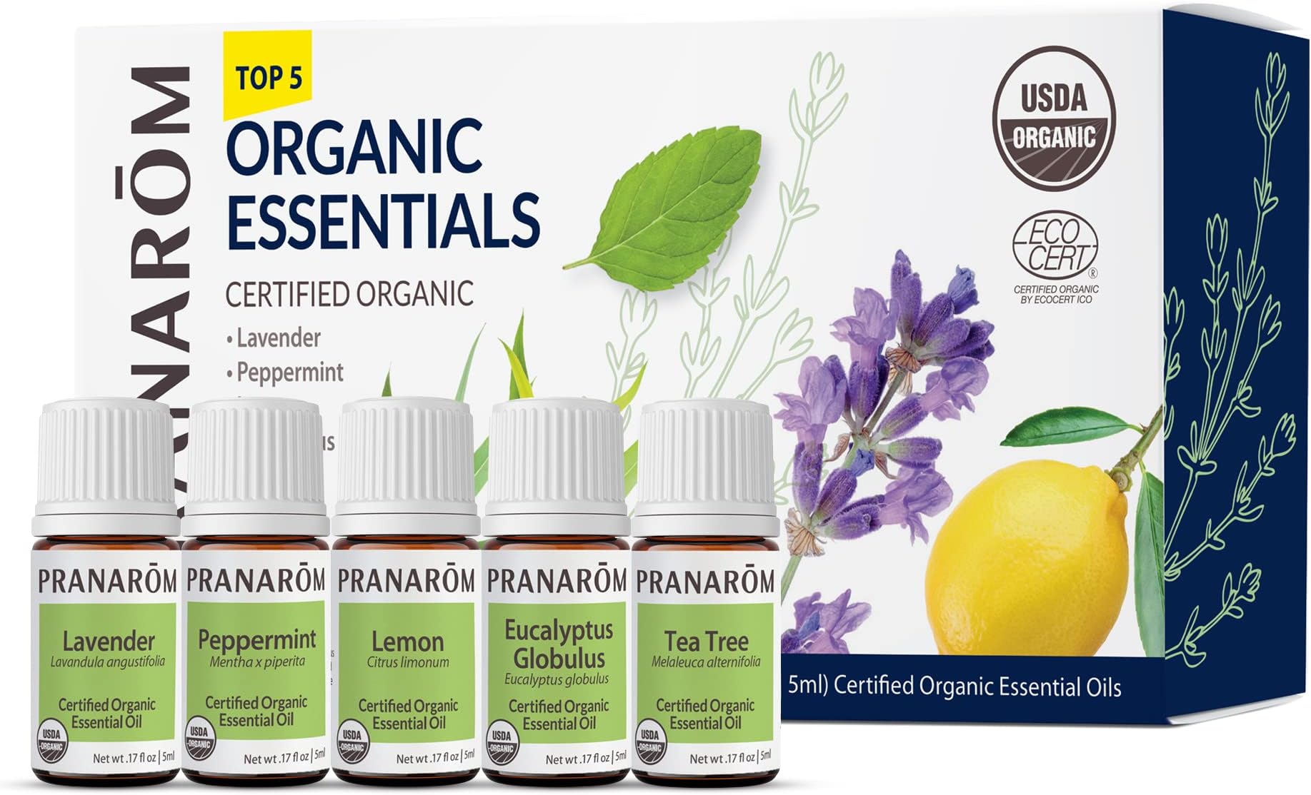 Top 5 Essential Oil Kit (5-Pack of 5ml) - Lavender, Peppermint, Tea Tree, Eucalyptus, and Lemongrass - 100% Pure Essential Oil | USDA and ECOCERT Certified Organic