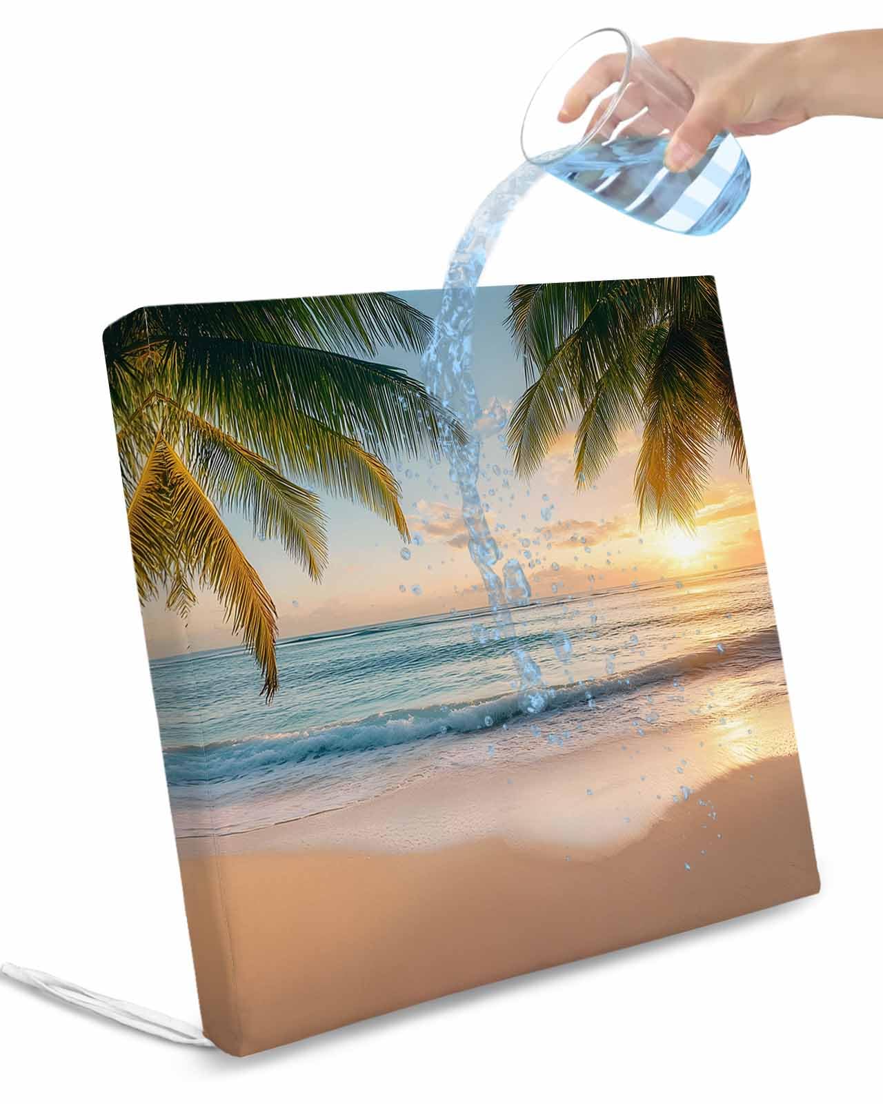 2 Pack Coastal Beach Waterproof Cushion Covers with Ties, Outdoor Patio Chaise Lounge Chair Seat Cushion Slip Covers Replacement(Only Cover) Summer Tropical Palm Trees Ocean 24