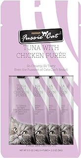Fussie Cat Tuna with Chicken Puree, lickable cat treats, 0.5oz pouch pack of 4