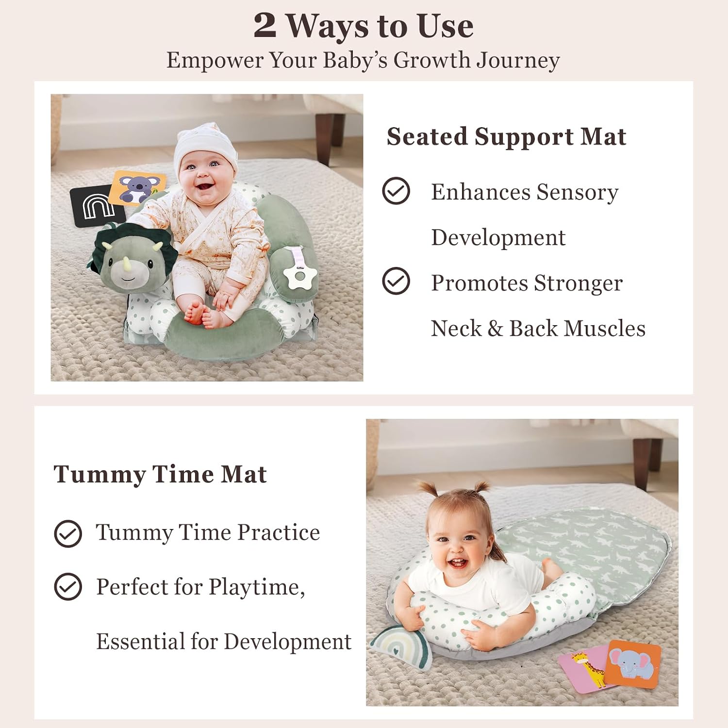 Foryoomi 4 in 1 Tummy Time Mat with Educational Cards, Play Mat & Sitting Support for Newborn 0-12 Months, Infant Baby Sit Me Up Floor Seat, Sensory Skills Gifts, Dinosaur