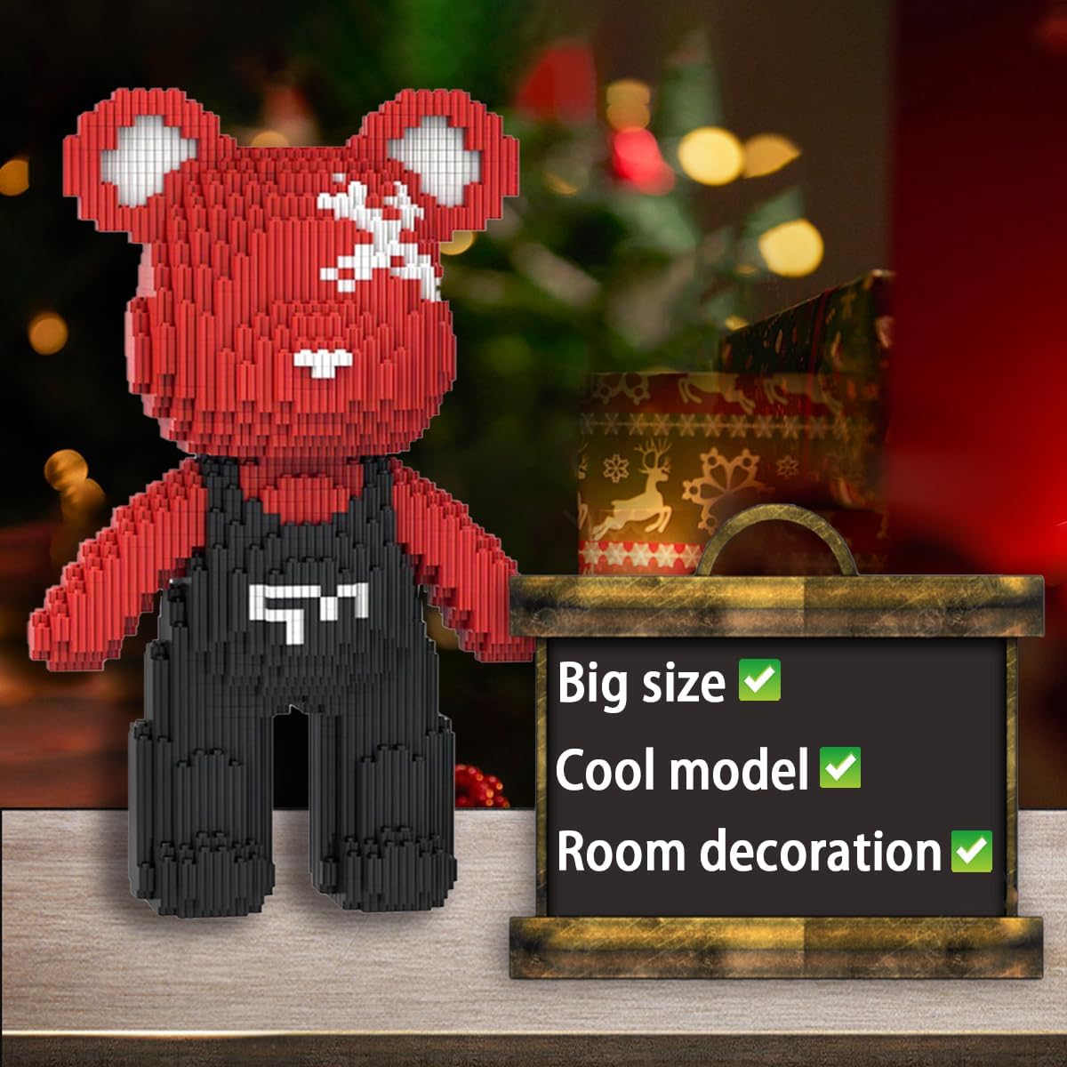 Red Bear Micro Building Blocks figure with text indicating 'Big size', 'Cool model', 'Room decoration'