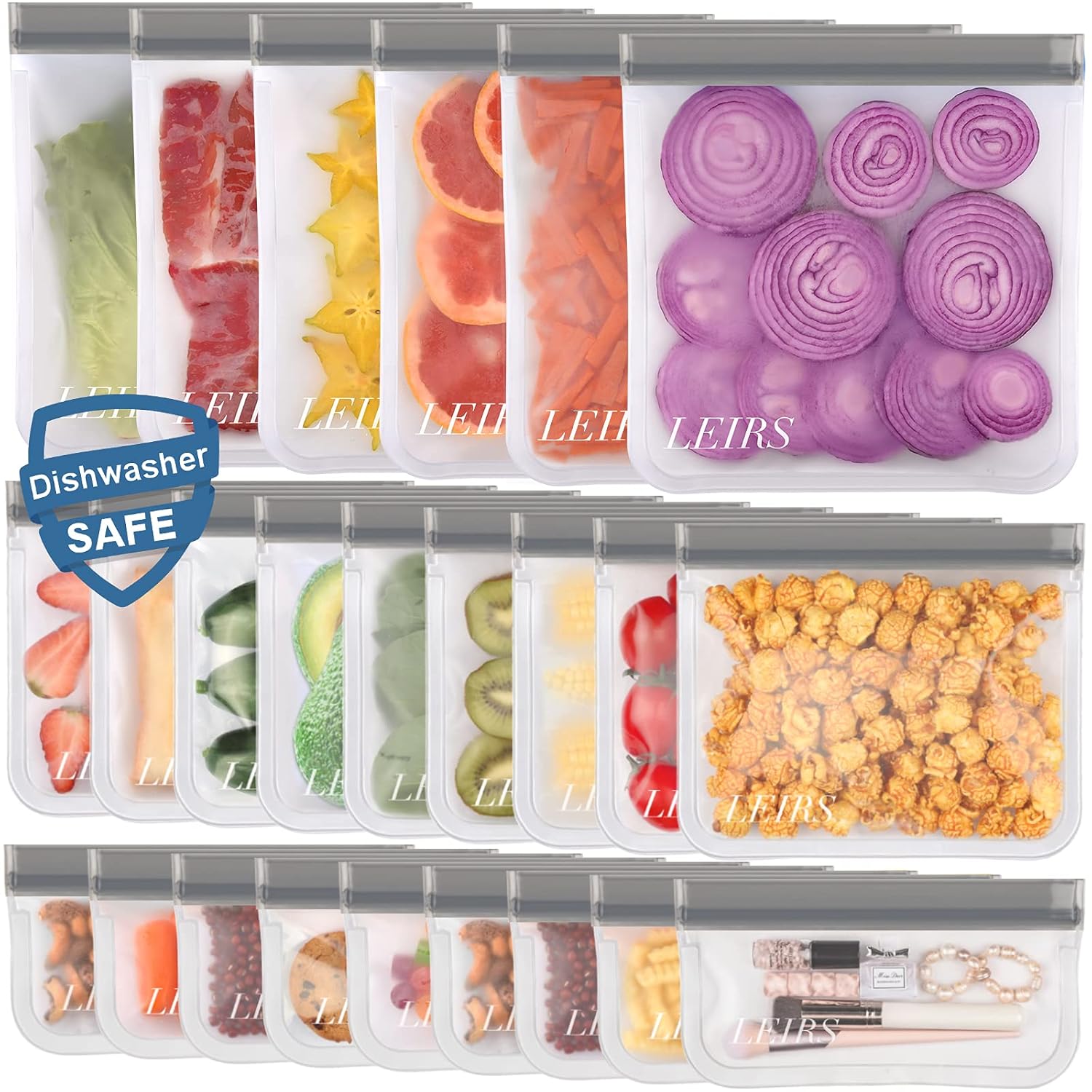 Dishwasher Safe Reusable Food Storage Bags 24 Pack ( 6 Reusable Gallon