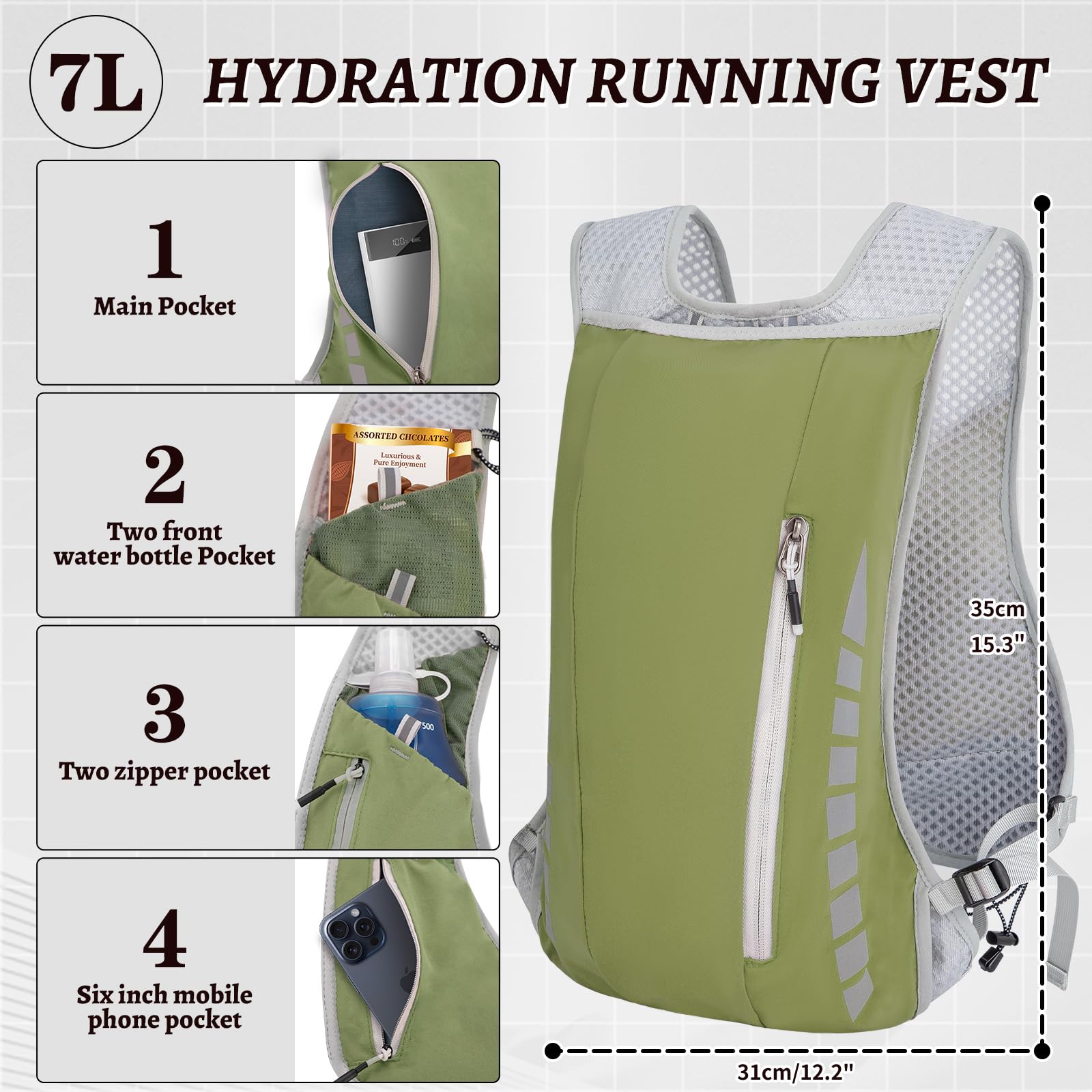 Zounich Laufweste mit 500ml Trinkflasche, Ultraleicht Laufweste für Damen und Herren, Multifunktionale Trinkrucksack 7L, Reflektierende Laufrucksack, für Laufen, Marathon, Radfahren