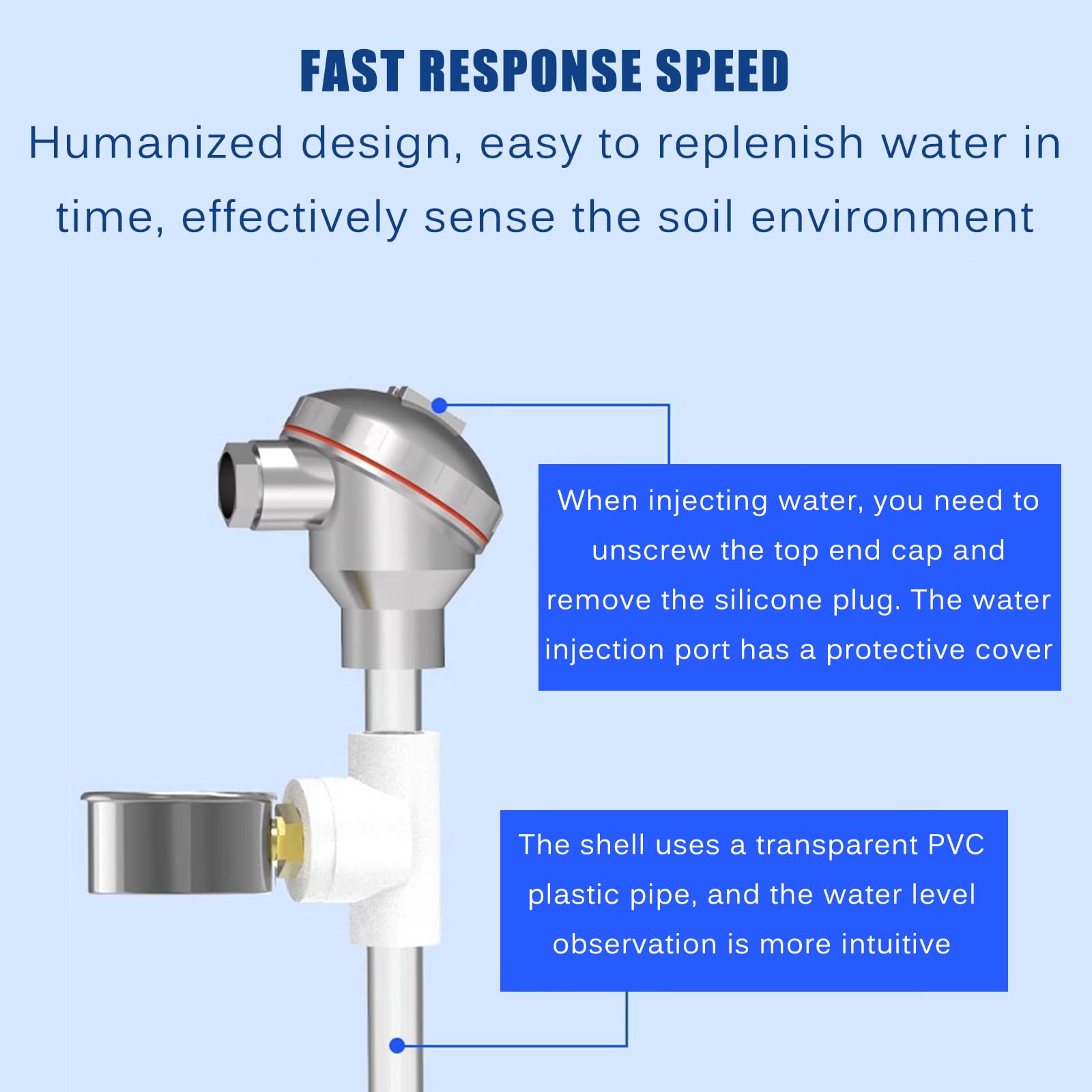Tensiómetro de suelo Sensor de potencial de agua para monitoreo de riego, mide -100 a 0 kPa, tubo de PVC transparente duradero para árboles frutales y viñedos