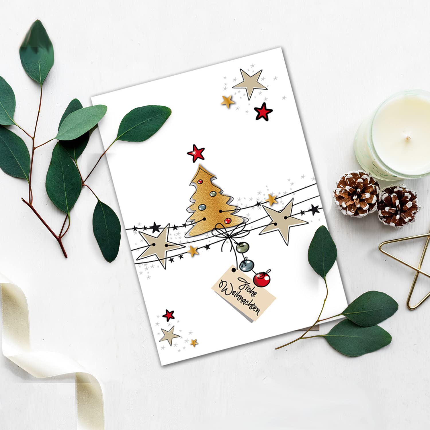 75 cartes de Noël DIN A6 en blanc avec sapin de Noël et étoiles – Cartes pliantes avec motif de Noël – 10,5 x 14,8 cm – Cartes de vœux de Noël pour les entreprises et les particuliers.
