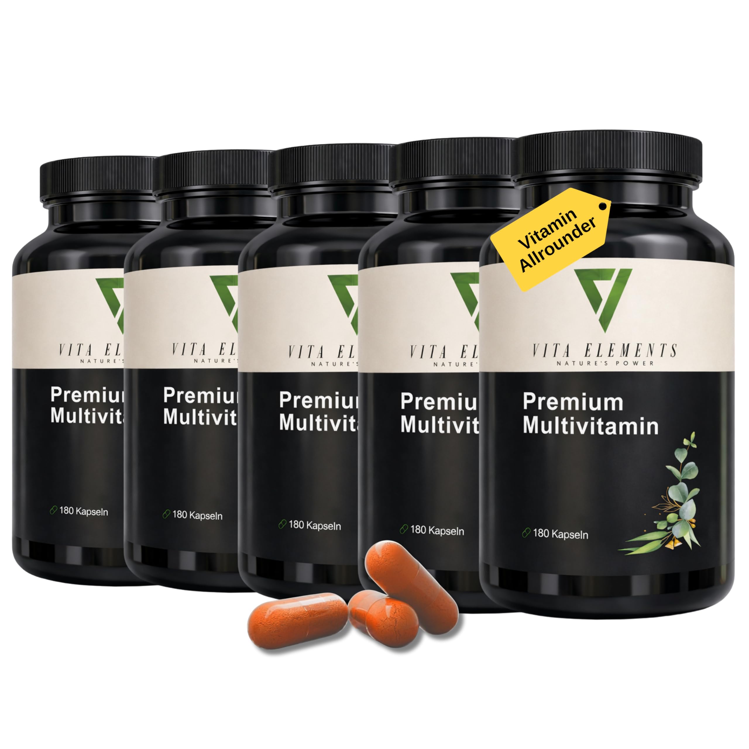 Vita Elements Multivitamin Komplex - 180 Kapseln - 21 Vitalstoffe von A-Z - 3 Monate Vorrat - Bioaktiv-Formen - Ohne Zusätze - Hochdosiert - Laborgeprüfte Qualität