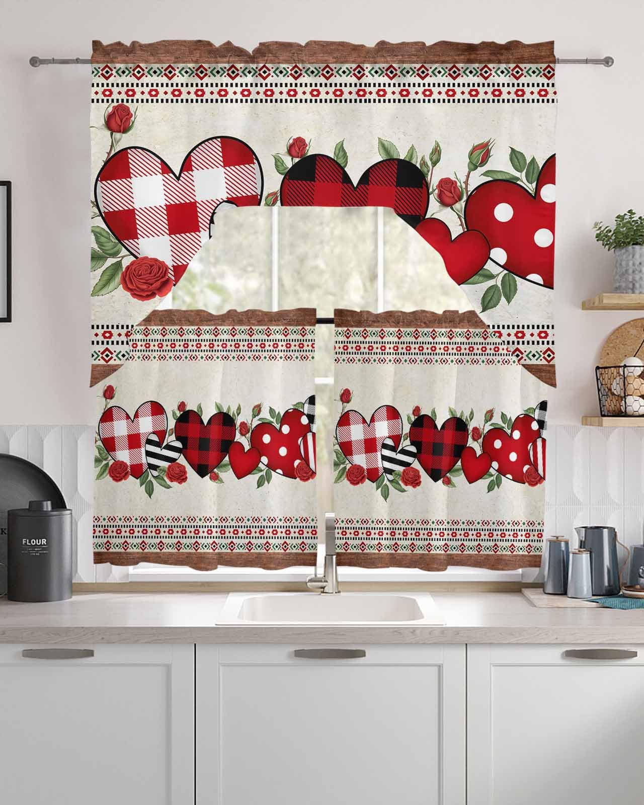 Juego De 3 Cortinas Para Ventana De Cocina, Cenefa Y Niveles Para Colgar En  El Día, image size:1280x1600