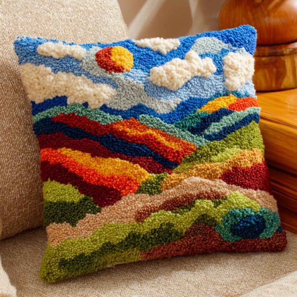 kitphoenix DIY Crochet Pillow Kit Hills 43X43Cm Soft Knitted Throw Pillow Material Package,Cushion Making Set,Complete Accessories&Tutorial,Decorative Pillow for Home Sofa Bedroom Decor