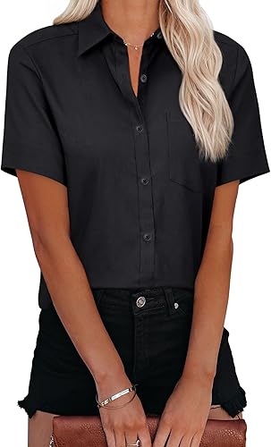 Womens Short Sleeve Button Down Shirts Stretch Oxford Shirts Cotton Dress Shirt Collared Blouse Formal Work Tunic Tops