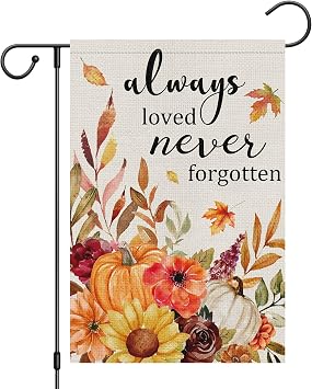 Heyfibro Always Loved Never Forgotten Fall Memorial Garden Flag 12x18 Double Sided Burlap, Autumn Pumpkin Sunflower Yard Flags for Thanksgiving Rustic Seasonal Outdoor Cemetery Decoration ONLY FLAG