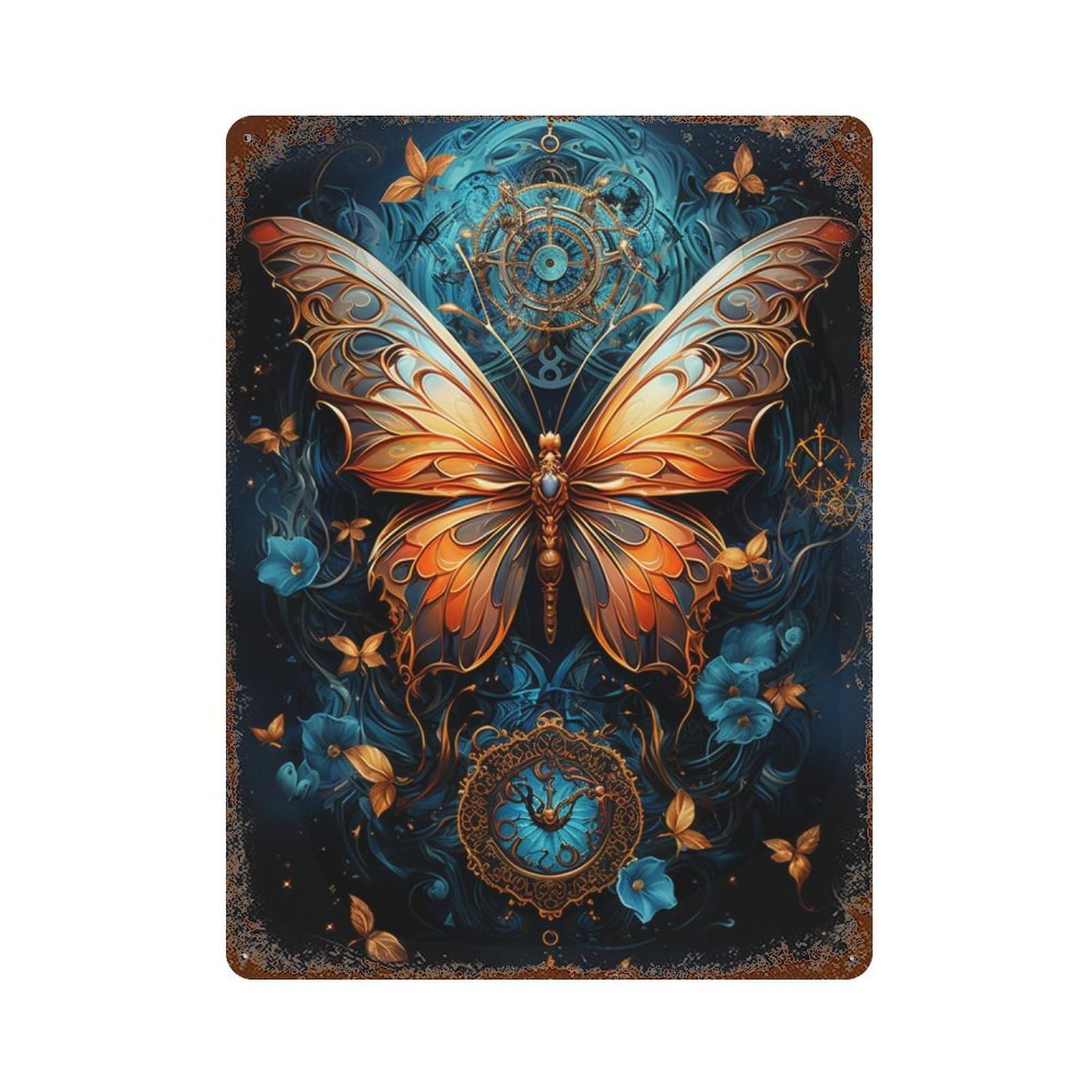 Steampunk Butterfly Art Print-1 Distressed Metal Wall Sign 15.7"x11.8", Rustic Home Decor for Living Room, Hallway And Home Decor