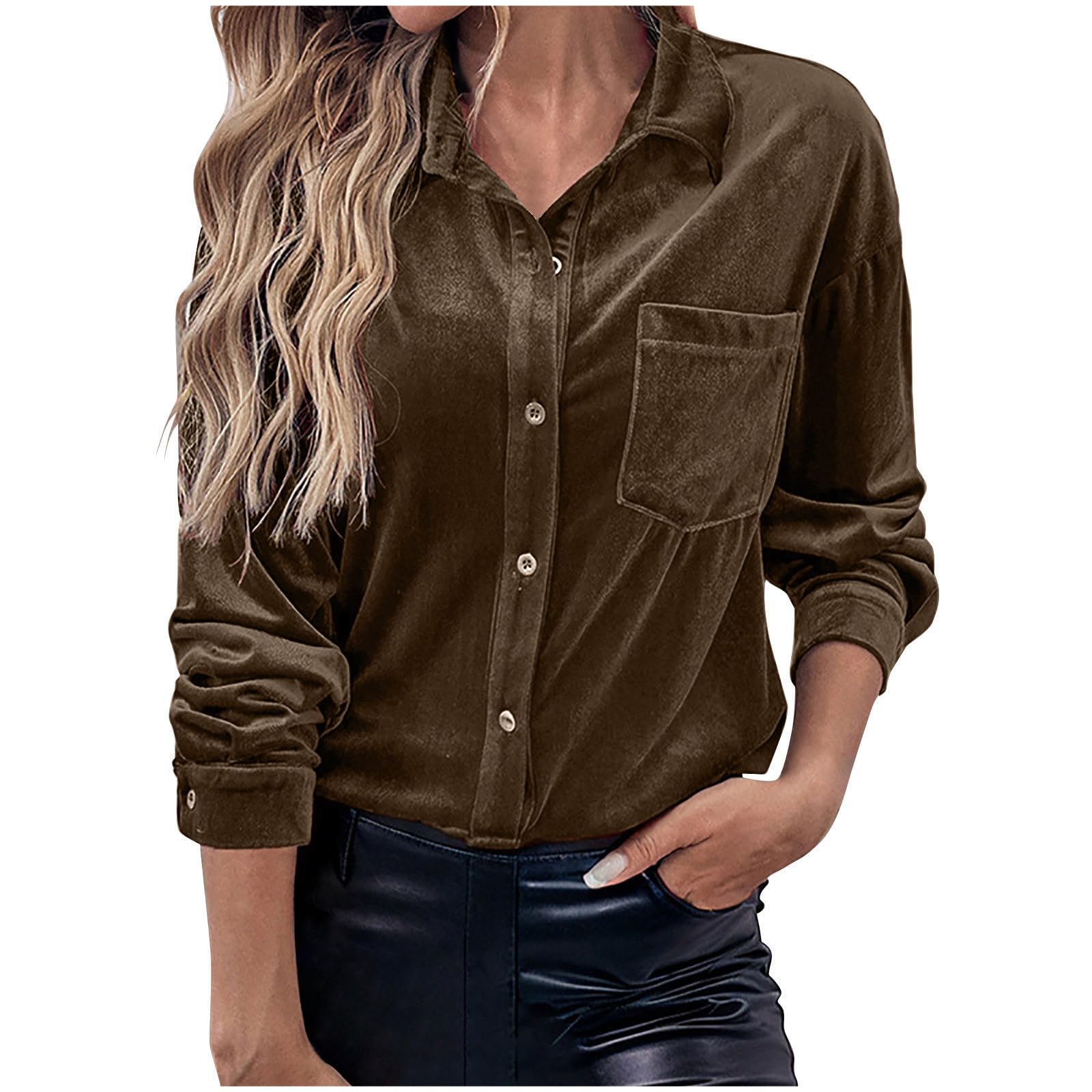Vintage Velvet Tops for Women 2026 Casual Long Sleeve Button Down Shirts Work Office Loose Fit Blouses Spring