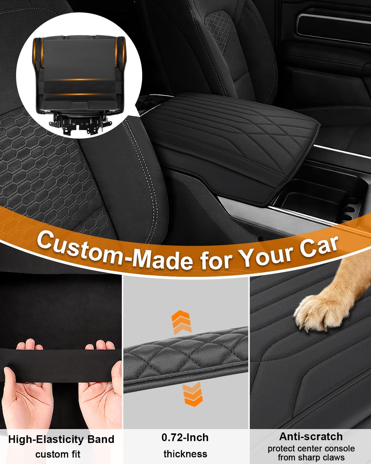 Copertura per bracciolo della console centrale compatibile con accessori Dodge RAM 1500 2500 3500 di quinta generazione 2019-2026, in pelle PU, antigraffio, nero (solo per sedile secchio)