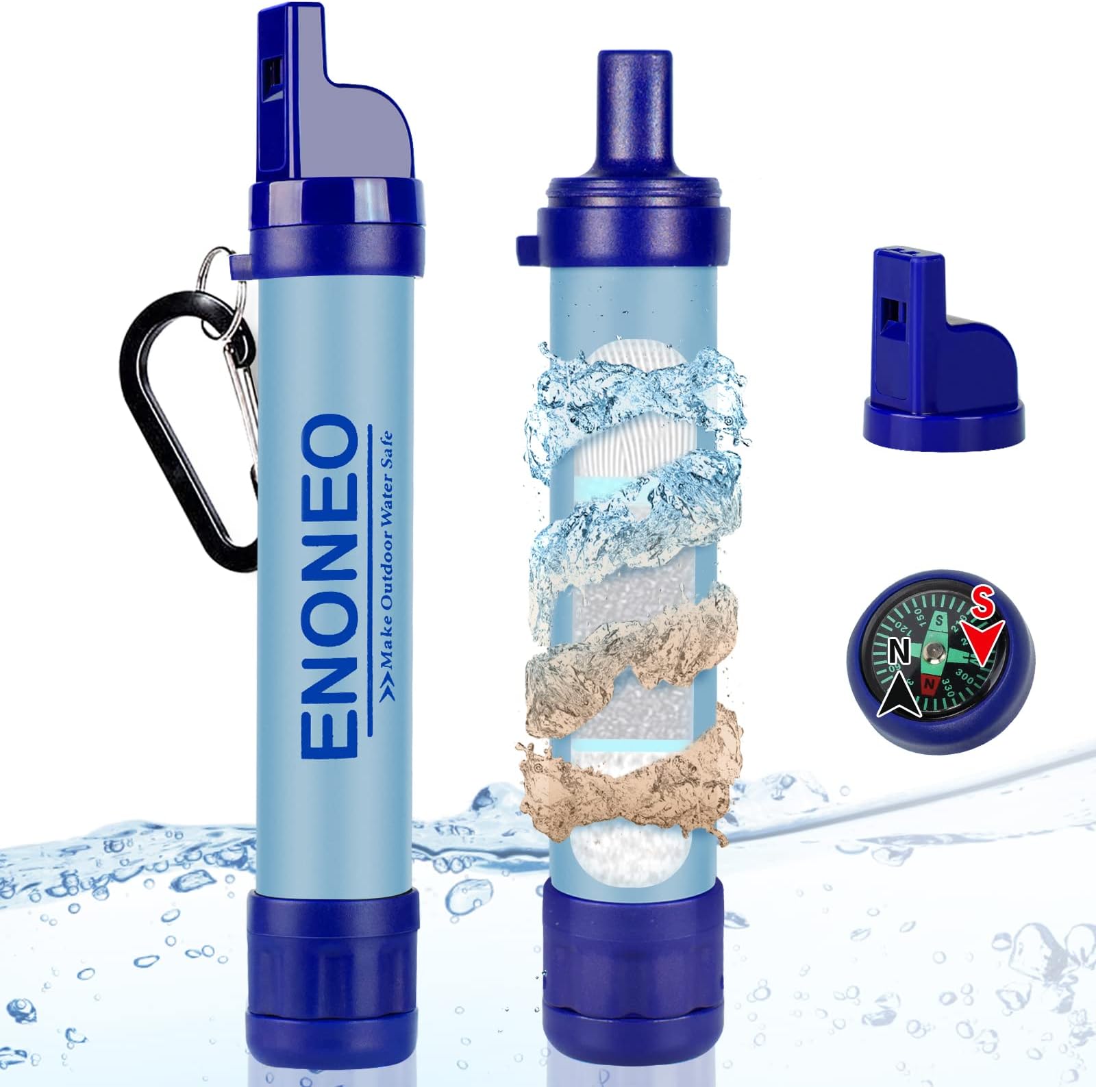 ENONEOPersonal Water Filter Straw 1500L 4 in 1 Outdoor Survival Water Purification Straw Remove 99.99% Bacteria & Protozoa with Whistle,Compass,Mirror for Camping Hiking Travel Emergency Gear (Blue)