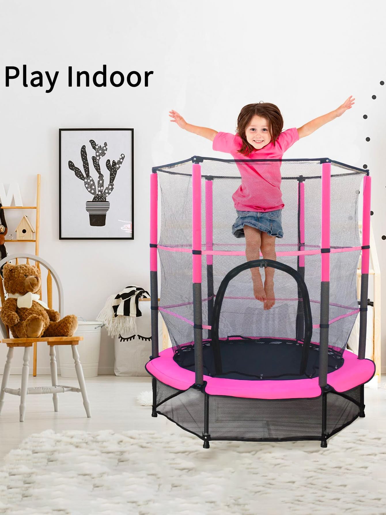 Trampolino elastico per bambini, 140 cm, con rete di sicurezza, per bambini dai 2 ai 3 anni, per esterni e interni, giocattolo per bambini, rosa