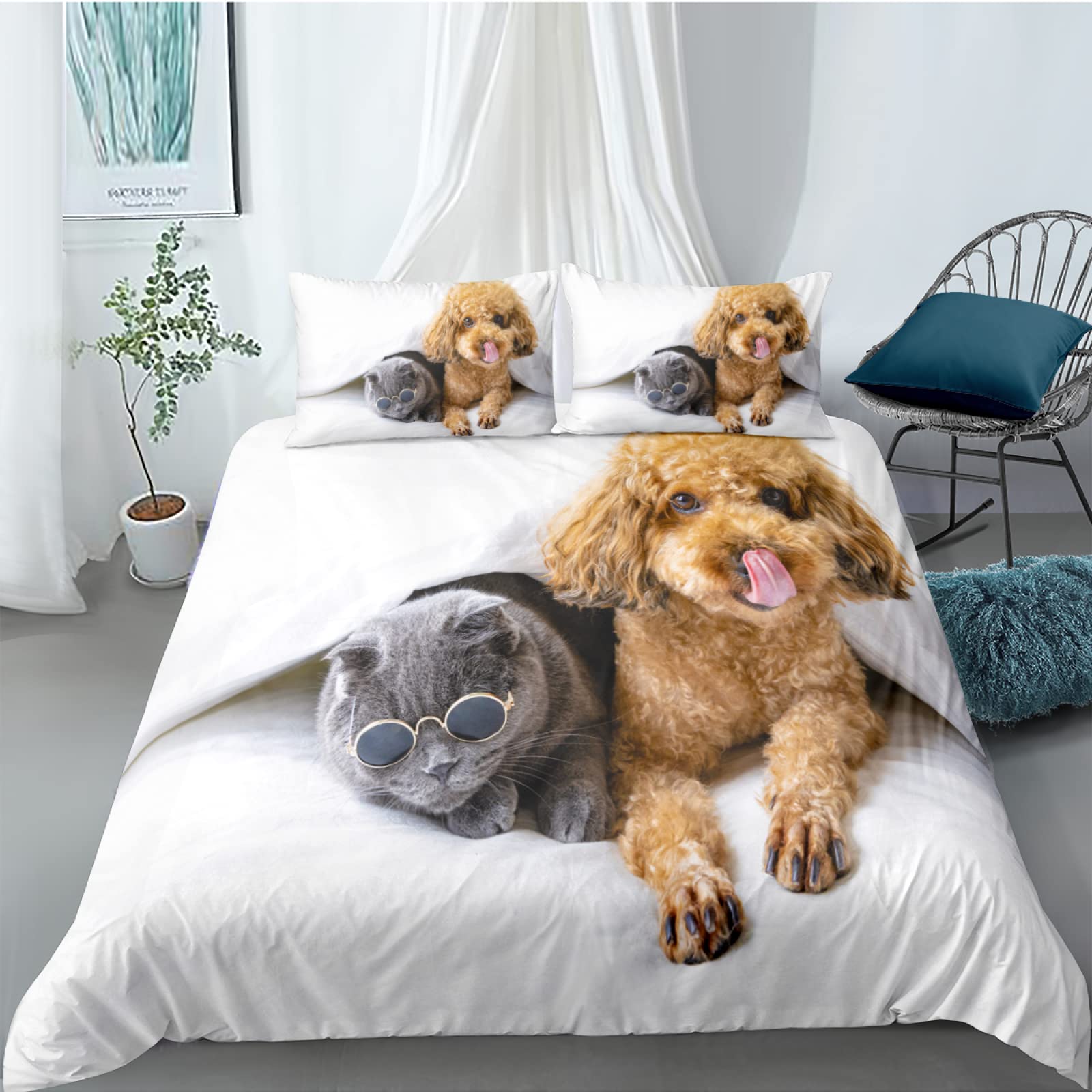Piumone Matrimoniale Invernale Gatto Carino Copripiumino Morbido Microfibra Bedding Set Antisbiadimento,1 con Cernier Piumino Matrimoniale 4 Stagioni e 2 Federe Cuscini 50x75cm