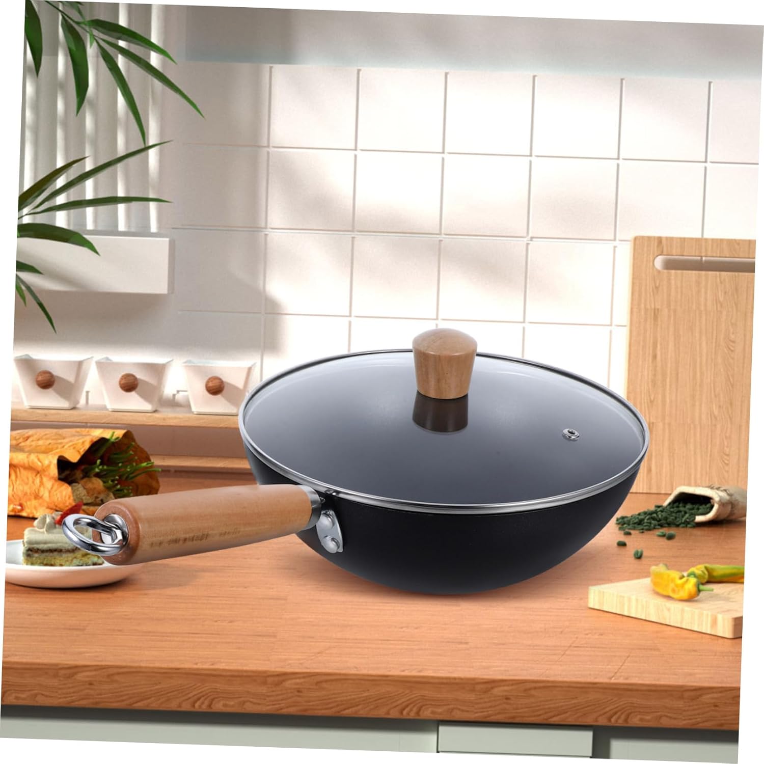 Zerodeko Iron Frying Pan with Lid Non Stick Wok for Kitchen Ergonomic Wooden Handle for Electric Induction Gas Stoves Household Fry Pan Release