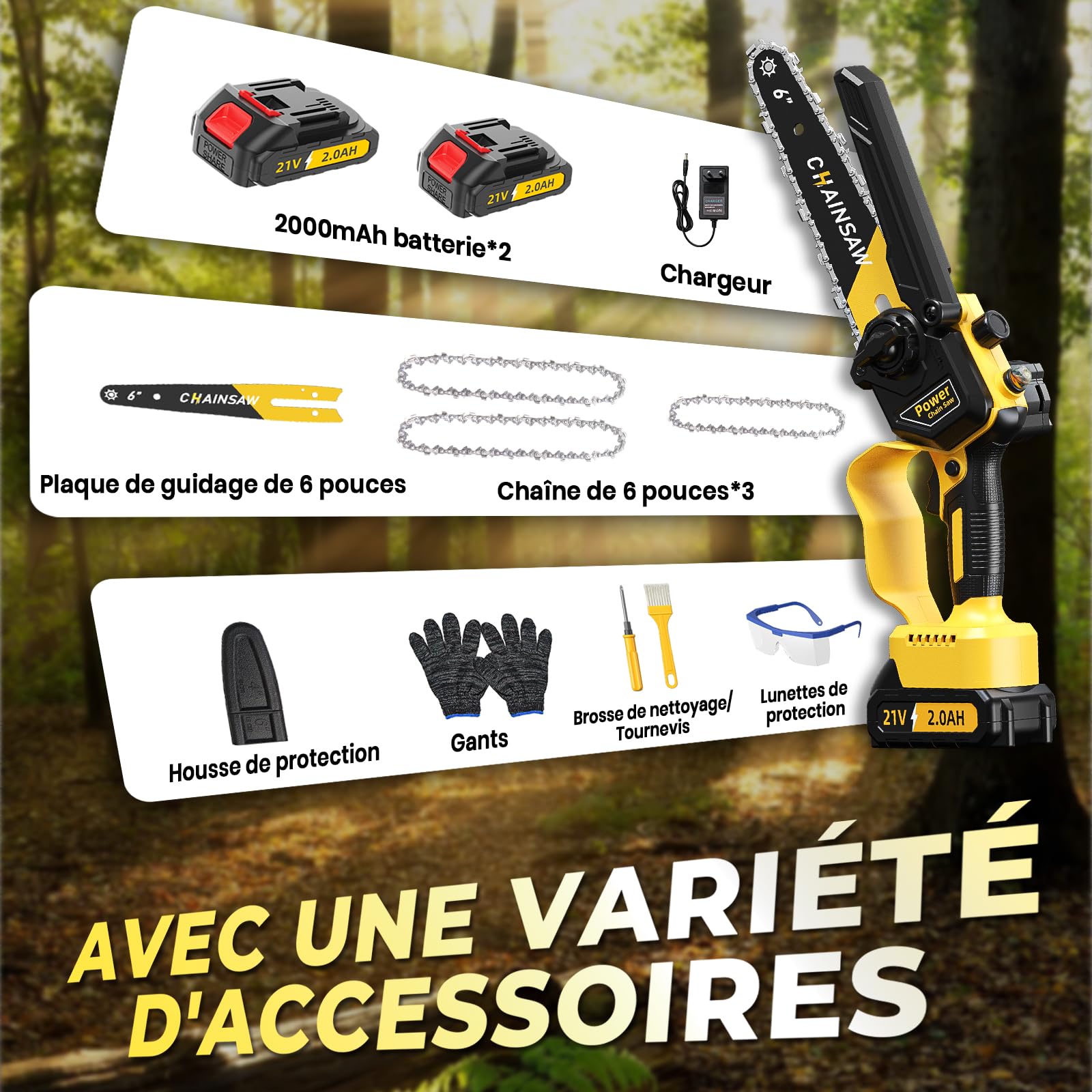 Mini Tronçonneuse à Batterie 6 Pouces, 1000W Brushless Tronconneuse Electrique Sans Fil pour Jardin, 4000mAh Tronçonneuse Elagueuse sur Batterie, D'huile Automatique, Compatible avec Makita 18V