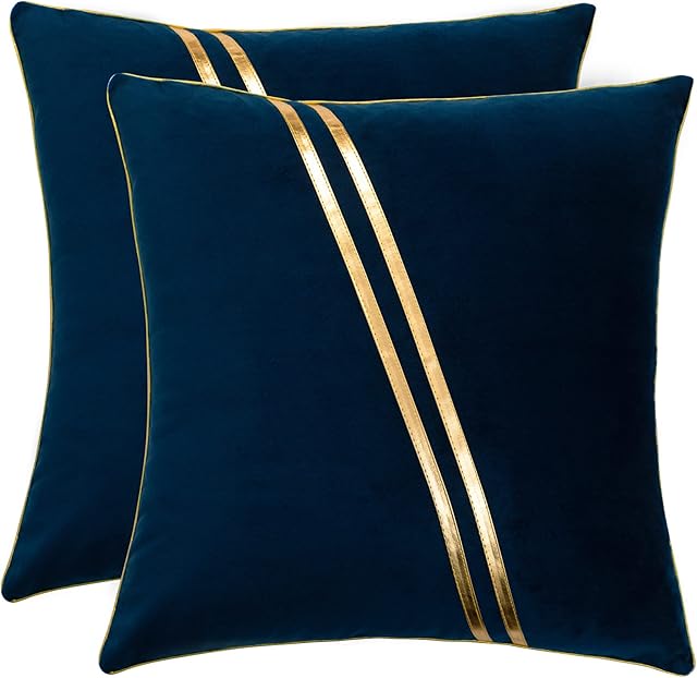 Velvet Cushion Cover Gold Leather Striped Decorative Throw Pillow Case for Sofa Bedroom Coach Bed, 2 Pack 45X45CM Navy
