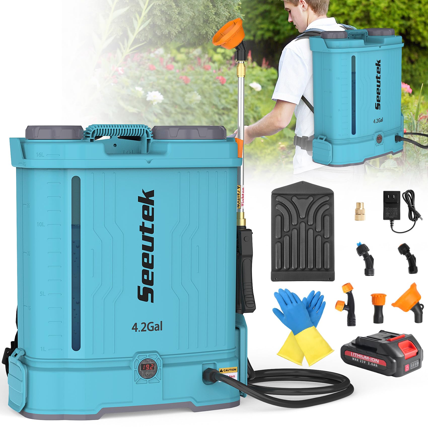 Photo 1 of ***similar item***
Seeutek Battery Powered Backpack Sprayer 4.2 Gallon, 0-100 PSI Electric Garden Sprayer with Mix Function, Weed Lawn Yard Sprayer with Telescopic Wand, 6 Nozzles, 21V 2.6Ah Battery & Charger Included