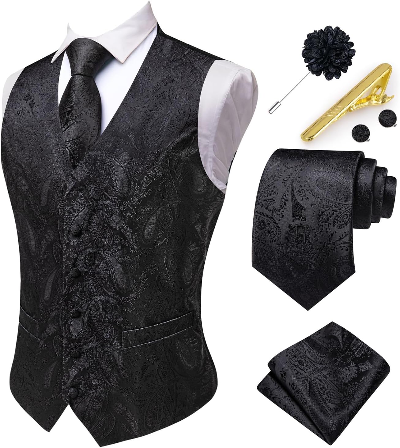 Hi-Tie Men's Suit Vest Business Formal Waistcoat Paisley Jacquard Tie Suit Waistcoat Set for Wedding Party