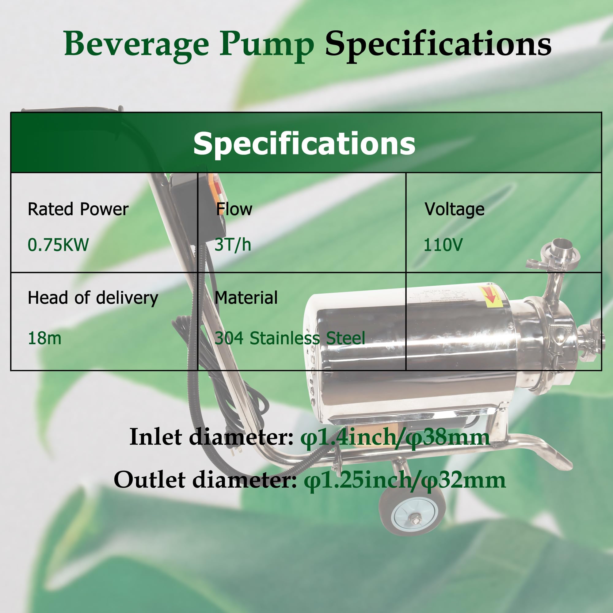 WYDDDARY 3T/H Portable Centrifugal Pump 304 Stainless Steel Food Grade Sanitary Pump Liquid Beverage Pump Transfer Machine 0.75KW 110V with Wheels and Switch
