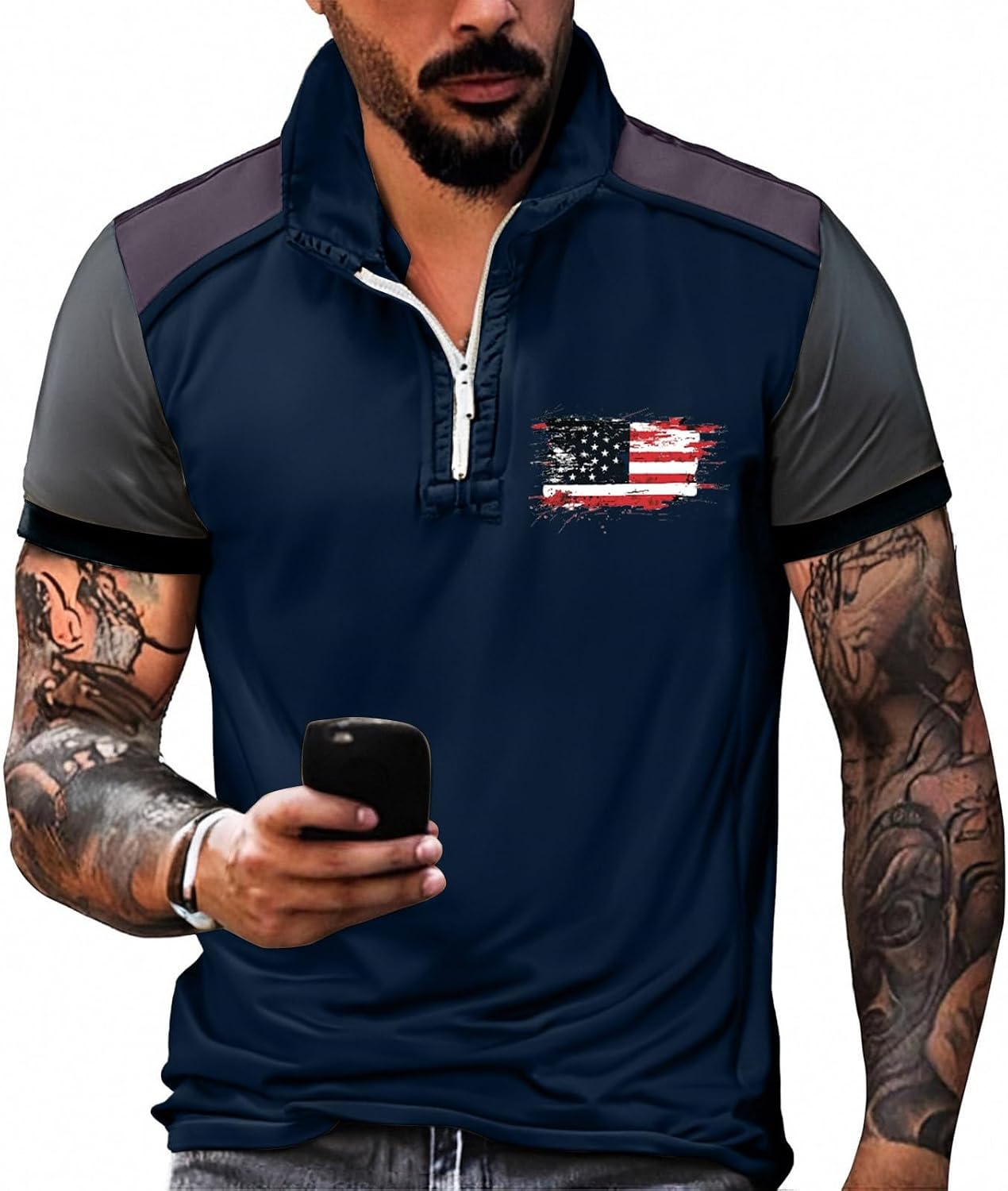 Ymosrh Men's Patriotic Polo Shirts Short Sleeve America Flag Print Retro USA Golf Shirt, S-2XL