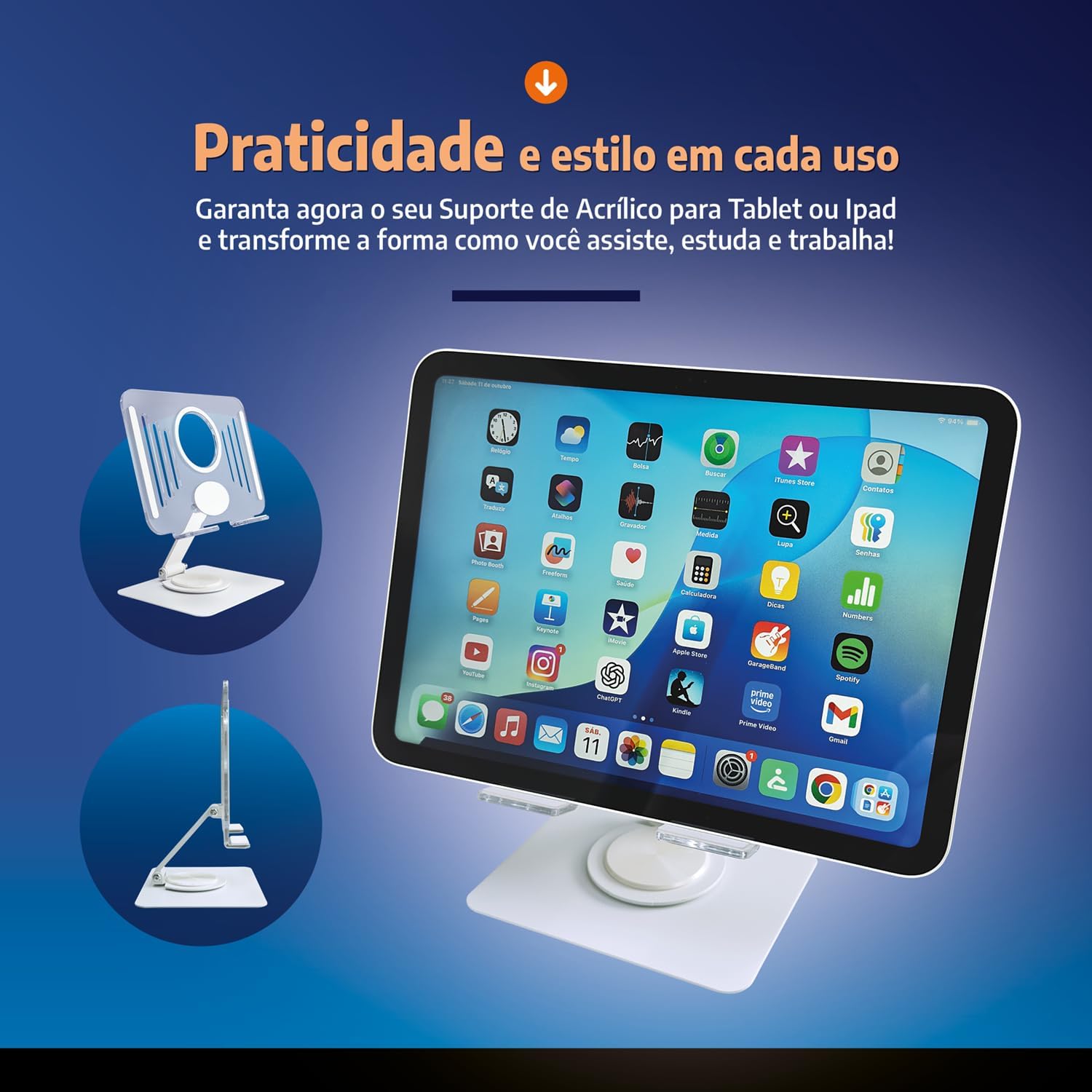 Suporte de Mesa para Tablet com Base Giratória 360° em Acrílico e Alumínio Premium Resistente com Pedestal Ajustável Dobrável e Retrátil Compatível com Tablets Base na Cor Branco