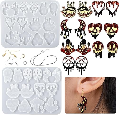 Voyyphixa Kit de 144 moldes de resina para aretes de Halloween, diseño de calavera y luna, moldes de silicona con ganchos para aretes, anillos de