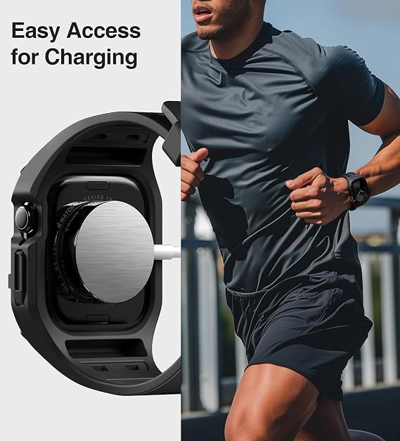 Nereides Compatible with Apple Watch Straps 46mm 45mm 44mm, for iWatch Strap Series 11 10 9 8 7 6 5 4 SE SE2 SE3, Rugged Heavy Duty Case with Band for Men Women (46mm, Black)