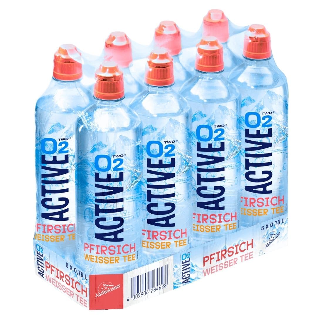 O2 Active Pfirsich Weißer Tee 8x 0,75l – Erfrischungsgetränk ohne Kohlensäure – sanft aromatisiert & kalorienarm – 8er Vorratspack
