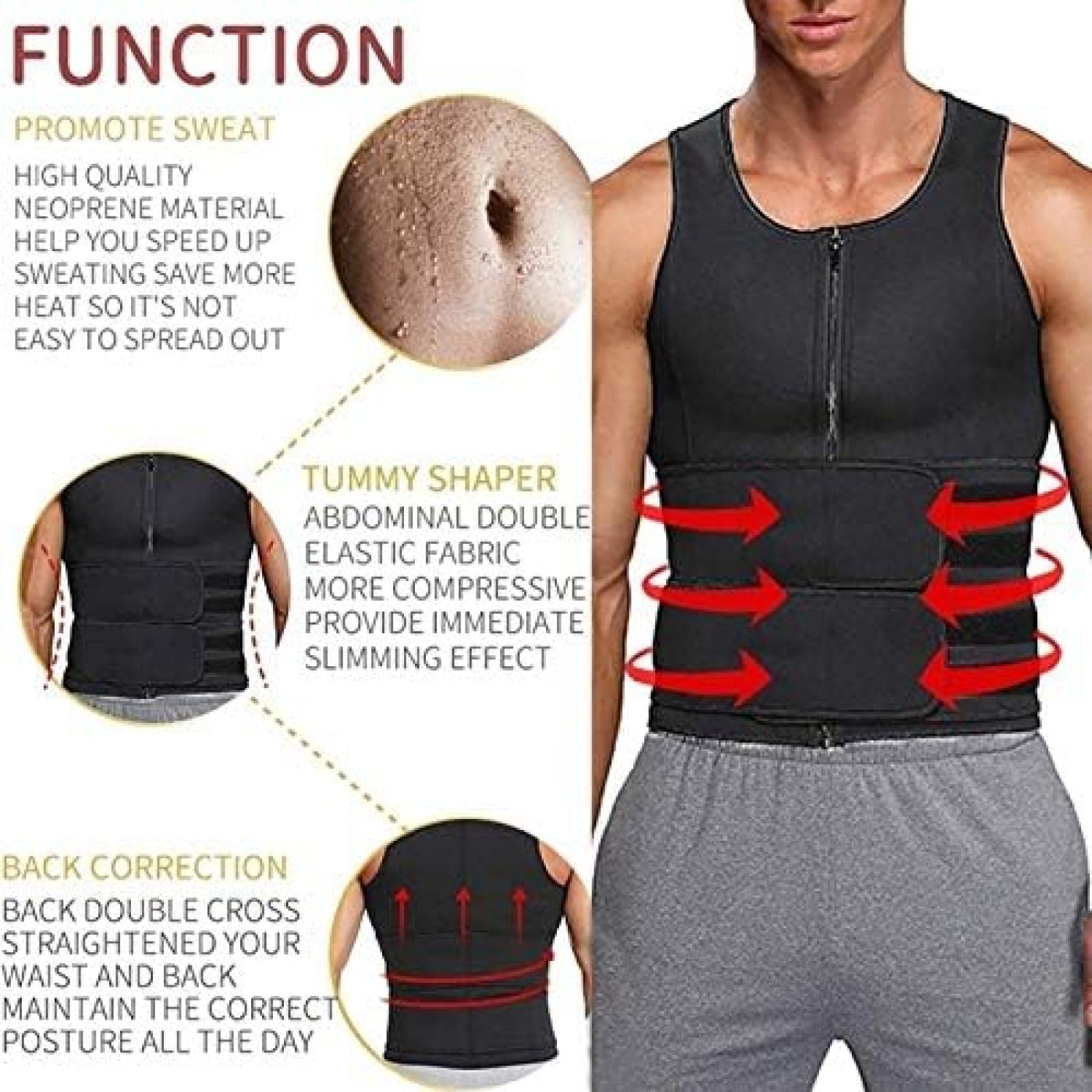 Herren Body Shaper Bauchweg-Weste Mit Taillentrainer-Gürtel, Neopren-Bauch-Shapewear, Tank-Top, Bauchgürtel Für Männer, Sauna-Schweißgürtel,Schwarz,3XL,YUYANAIAI