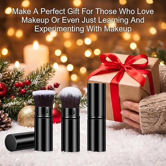 3 Pack Retractable Kabuki Makeup Brushes, Travel Foundation Brush Set Soft Nylon Bristles for Liquid Blush Bronzer Powder, Portable Face Makeup Kit for Women