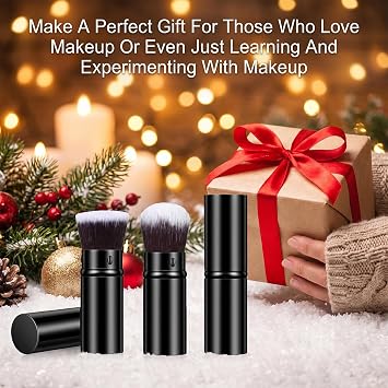 3 Pack Retractable Kabuki Makeup Brushes, Travel Foundation Brush Set Soft Nylon Bristles for Liquid Blush Bronzer Powder, Portable Face Makeup Kit for Women